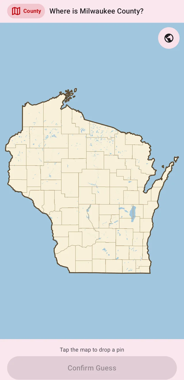 The quiz screen: a label-free map of Wisconsin's 72 counties asking 'Where is Milwaukee County?'